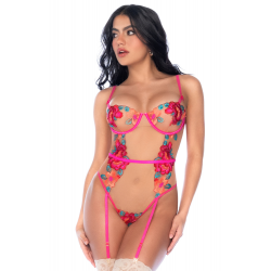 Body Jarretelles en Tulle Brodé Fleuri Sexy