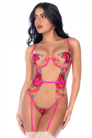 Body Jarretelles en Tulle Brodé Fleuri Sexy