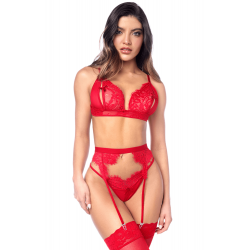 Ensemble Sexy Peek-a-Boo Porte-jarretelles Dentelle Rouge 3 pièces