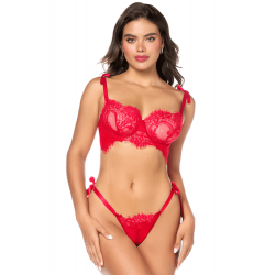 Ensemble Sexy Rouge Dentelle Bretelles String à Nouer 2 Pièces 