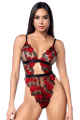 Body Sexy Taille Haute Résille Transparente Broderie de Roses Mapalé