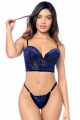 Ensemble Sexy 2 Pièces Velours Floral Bustier Armatures String Réglable Bleue