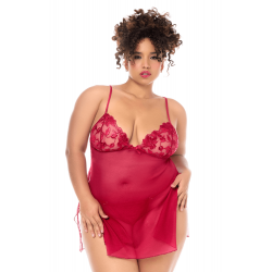 Nuisette Babydoll Grande Taille Sexy Résille Transparente Broderies et String Rouge