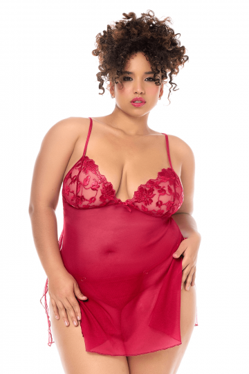 Nuisette Babydoll Grande Taille Sexy Résille Transparente Broderies et String Rouge