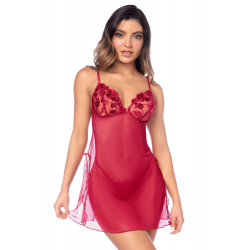 Nuisette Babydoll Sexy Résille Transparente Broderies et String Rouge