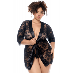Peignoir Déshabillé Sexy Grande Taille Dentelle Noir Bordures Satin String assorti