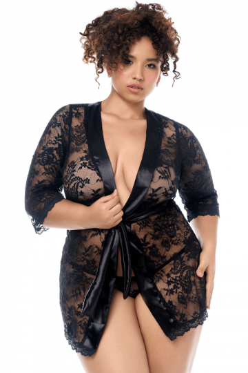 Peignoir Déshabillé Sexy Grande Taille Dentelle Noir Bordures Satin String assorti
