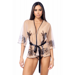 Peignoir Déshabillé Sexy Résille Iimprimée Transparent String Assorti