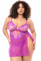 Nuisette Babydoll Grande Taille Sexy Résille Transparente Broderie Florale et String Violet Mapalé