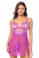 Nuisette Babydoll Sexy Résille Transparente Broderie Florale et String Violet Mapalé