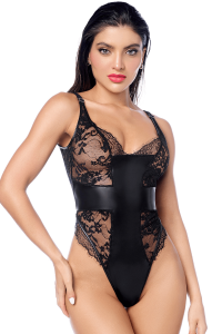Body Sexy Dentelle Transparente et Simili Cuir Contrasté Mapalé