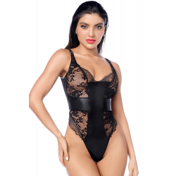 Body Sexy Dentelle Transparente et Simili Cuir Contrasté