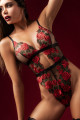 Body Sexy Taille Haute Résille Transparente Broderie de Roses Mapalé