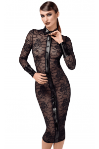 Robe Transparente Noire Mi Longue en Dentelle Noire et Boutons Noir HandMade