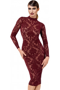 Robe Fourreau Transparente Midi Tulle Floquée Bordeaux Noir HandMade