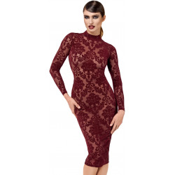 Robe Fourreau Transparente Midi Tulle Floquée Bordeaux