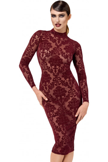 Robe Fourreau Transparente Midi Tulle Floquée Bordeaux