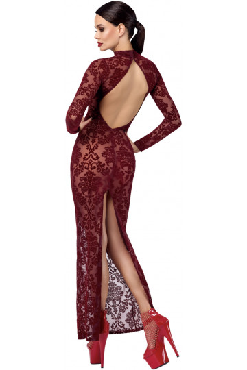 Robe Transparente Fendue Tulle Floqué Bordeaux