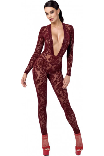 Combinaison Transparente Tulle Floqué Bordeaux