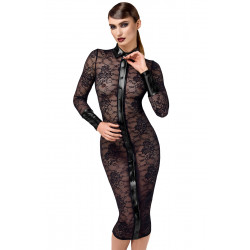 Robe Transparente Noire Mi Longue en Dentelle Noire et Boutons