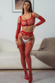 Ensemble Lingerie 3 pièces rouge en résille large - J Lingerie