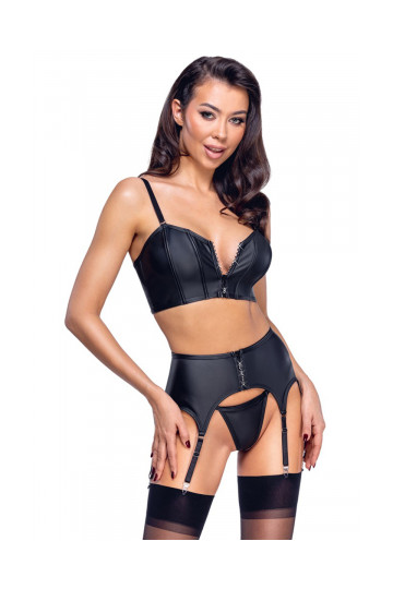 Ensemble Lingerie Porte Jarretelles 3 Pièces Noir Mat