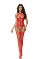 Combinaison Rouge Dentelle Effet Guêpière Bas Résille 