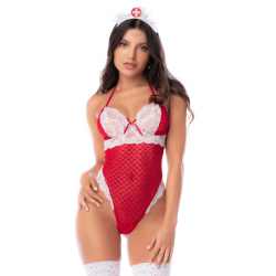 Body Infirmière Coquine Maille et Dentelle Rouge et Blanche avec Coiffe