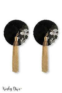 Nipple Noir Sequins Pompons Chaîne Doré