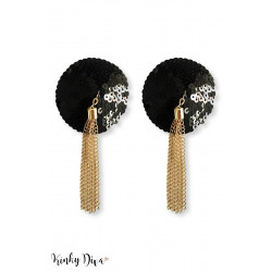 Nipple Noir Sequins Pompons Chaîne Doré