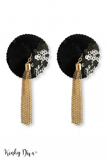 Nipple Noir Sequins Pompons Chaîne Doré