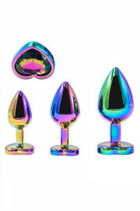 3 Plugs Anal Coeur Crystal Heart Métal arc-en-ciel DIK