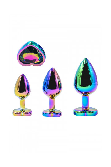 3 Plugs Anal Coeur Crystal Heart Métal arc-en-ciel
