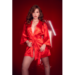 Peignoir Sexy Court Satiné Rouge Ceinture à Nouer