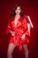 Peignoir Sexy Court Satiné Rouge Ceinture à Nouer Mapalé