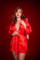 Peignoir Sexy Court Satiné Rouge Ceinture à Nouer Mapalé