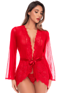 Peignoir Transparent Rouge Résille Plumetis et Dentelle et String Mapalé