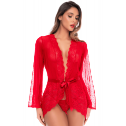 Peignoir Transparent Rouge Résille Plumetis et Dentelle et String