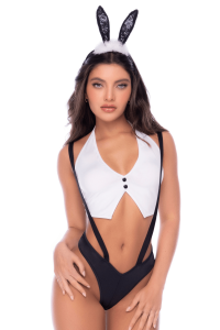 Costume Sexy Lapine Bunny Sexy avec Oreilles Top Court et Culotte à Bretelles 3 Pièces Mapalé