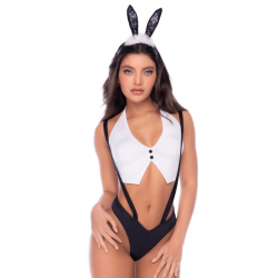 Costume Sexy Lapine Bunny Sexy avec Oreilles Top Court et Culotte à Bretelles 3 Pièces
