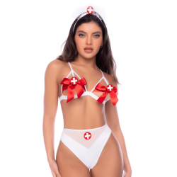 Costume Infirmière Soutien Gorge Seins Nu à Lanières et Nœuds 2 pièces