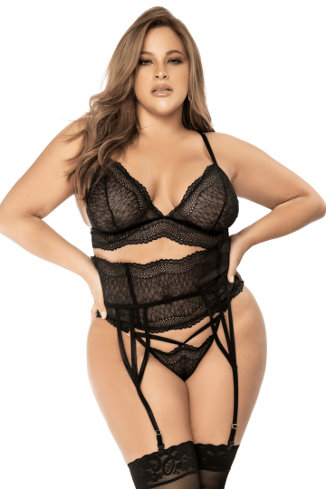 Ensemble Lingerie Grande Taille Noir Dentelle avec Porte Jarretelles 3 Pièces 