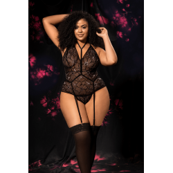 Body Sexy Grande Taille Noir Dentelle Florale Harnais Amovible