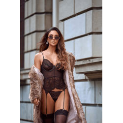 Ensembleavec Bustier Transparent à Armatures et Jarretelles Noir 2 pièces 