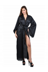 Déshabillé Long Peignoir Kimono Satin Noir