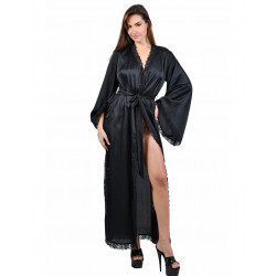 Déshabillé Long Peignoir Kimono Satin Noir
