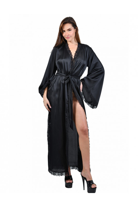 Déshabillé Long Peignoir Kimono Satin Noir