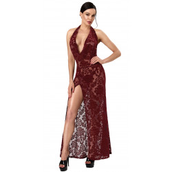Robe Longue Dentelle Floquée Sexy Chic Bordeaux