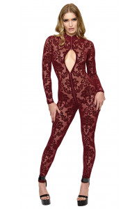 Combinaison Triple Zip Dentelle Floquée Sexy Chic Bordeaux