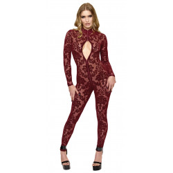 Combinaison Triple Zip Dentelle Floquée Sexy Chic Bordeaux